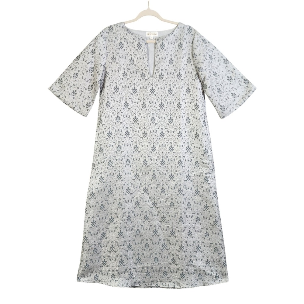 Beau & Ro The Fete Collection Womens Silver Blue Damask Brocade Shift Dress XS